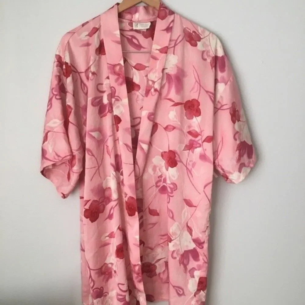 Vtg Y2k California Dynasty pink Floral Kaftan Casual 1-size wrap silky Robe Lady